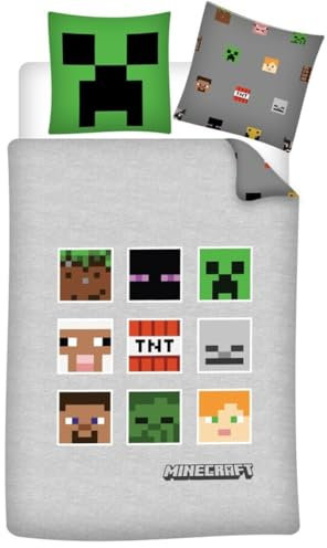 Minecraft Faces 100% Kinderbettwäsche-Set 135x200 cm Einzelbettgröße - Bettbezug + Kissenbezug 80x80 cm, Microfaser