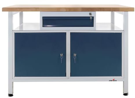 Steinbock Werkbank mit 1 Schublade und 2 Türen mit Regalboden | 300 kg Tragkraft | HxBxT 84 x 120 x 60 cm | Anthrazitgrau | 4 cm Starke Holzplatte | stabiles Stahlgestell | Made in EU | Werktisch