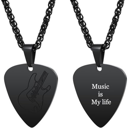 INBLUE Personalisierte Gitarren Plektrum Halskette für Männer Graviert mit Text/Foto Anpassen Edelstahl Gitarre Anhänger Felsen Punk Cooles Schmuck Geschenk für Musik-Liebhaber (B2 - Text)