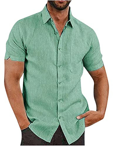 AEGJEGVD Linen Shirts for Men - Short Sleeve Button Down Holiday Beach Hawaiian Blouses in Cotton Linen - Regular Fit - Solid Henley Shirt with Pocket - UK Size 8-22