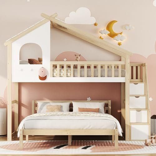 Moimhear 90 * 200cm, Hochbett, Hausleiste, Stauraumleiter, unteres Stockwerk 140 * 200cm, Weiß+Natur