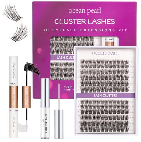 Ocean Pearl Cluster Lashes 144PCS Eyelash Clusters 10-16mm Lash Extension Kit Individual Eyelashes DIY Eyelash Extension Kit Natural Lash Clusters with Super Bond and Seal Super Glue-OP25