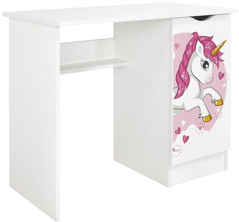 leomark Escritorio de Oficina con el Compartimiento - Roma/Dim: 90/50/77 (Alto) cm/Mesa de Ordenador para Niños, Blanco/Unicornio Rosa, Mesa de Madera de Trabajo o Estudio