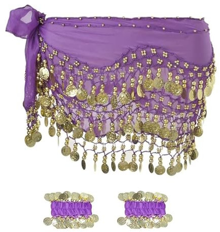 Damen Bauchtanz Gürtel Bauchtanz Hüfttuch Chiffon Hüfttuch Bauchtanz Hüfttuch Damen Bauchtanz Münztuch mit Armbändern Bauchtanz Münzgürtel Bauchtanz Kostüm Hüfttuch mit 72 Münzen Gürtel Röcke (Lila)