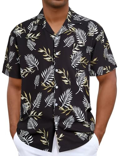 iCKER Hawaiian Shirt Beach Mens Short Sleeve Floral Classic Shirt Print Casual Regular Fit,Black TF196,L