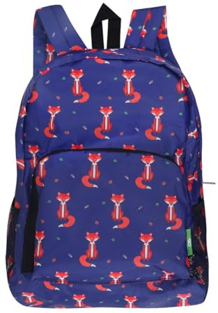 ECO CHIC Lightweight Foldable Water Resistant Backpack Rucksack Folds into Pouch for Storage (Foxes Navy)