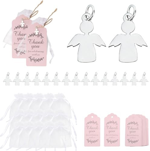 NAHUAA 15 Pièces Ange Gardien Porte-Clés Cadeau Invites Mariage Pendentifs Ange en Perles avec Sac Organza et Etiquettes Cadeaux Bapteme Communion Anniversaire