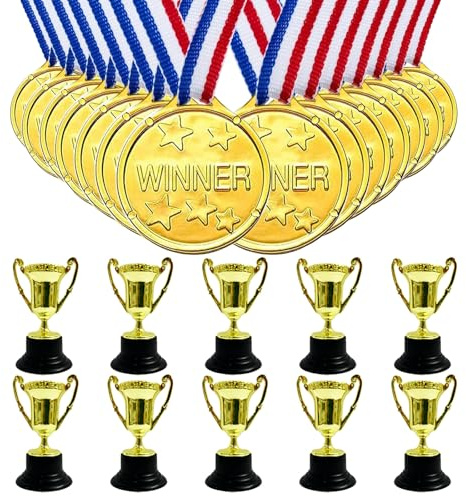 PonFxp Mini Trophies And Medals For Children - Set Of 10 Gold Mini Trophies And 10 Medals - Perfect For Pass The Parcel Gifts And Classroom Rewards - Ideal For Kids' Achievements Rewards