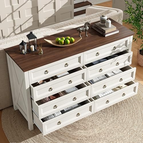 Goeria Cómoda blanca, armario de comedor de estilo vintage, con asas de aluminio para cajones de color nogal, para dormitorio, sala de estar, 8 cajones amplios