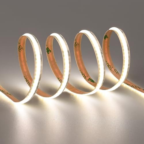 TOPAI 12V COB LED Streifen Schmal 6.6mm Breit 5M Naturweiß, LED Strip 4000K Selbstklebend 320LED/M CRI>90, Nicht Wasserdicht Flexibles Schneidbar für Innenbereich Heim Küche Deko DIY