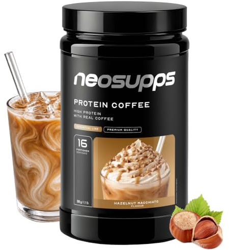 NEOSUPPS Protein Coffee Hazelnut Macchiato 500g, Proteinpulver mit 20g Molkenprotein & 80mg Koffein pro Portion, Low Sugar Protein Drink mit echtem Kaffee