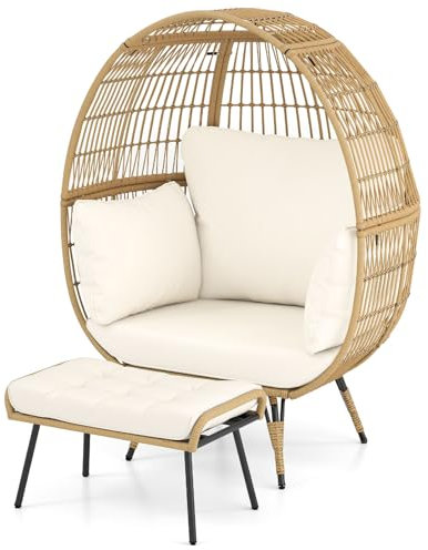 COSTWAY Korbsessel Rattan mit Hocker, übergroßer Gartensessel mit Kissen und Metallgestell, Rattansessel XXL, Loungesessel für Balkon, Garten, Wohnzimmer, Terrasse