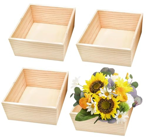 ARCPNRT Unlackierte Aufbewahrungsboxen aus Holz, 4 Stück Unlackierte Holzboxen für Bastelarbeiten, 15x15x6 cm Rustikale Holz Aufbewahrungsbox, Quadratische Kleine Holzkiste, für Heimdekor, Basteln