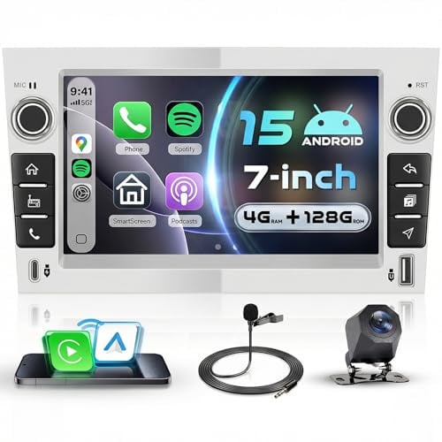 VECHTEL 4G+128G Autoradio Android 15 Silber für Opel Corsa C/D Zafira B Astra H Meriva Vivaro Signum Combo, 7'' IPS Touchscreen mit Carplay Android Auto GPS Wi-Fi USB/Typ-C Bluetooth FM RDS Kamera