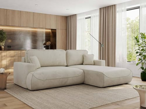 MKS MEBLE Ecksofa Wohnlandschaft L-Form mit Schlaffunktion und Bettwäscheschrank, Schlafsofa mit Bettkasten, modernes Sofa OVO L - Rechts - Beige Velvet