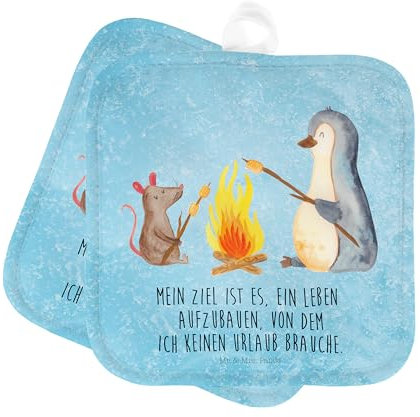 Mr. & Mrs. Panda Topflappen Pinguin Lagerfeuer - Geschenk, Topfuntersetzer, Neustart, Topflappenset, Ofenhandschuh, Topflappen lustig, Arbeit,