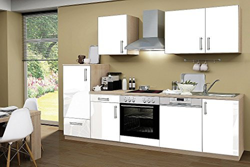 Küchenblock ohne Elektrogeräte Premium 280 cm in weiß glänzend (Geschirrspüler geeignet)