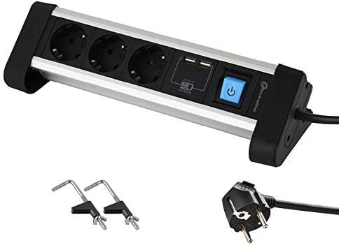 Electraline 62553 Steckdosenleiste 3-Fach Alu für den Schreibtisch + 2 USB 2.4A, Kabel 2m / Mehrfachsteckdose/Tischsteckdose Steckerleiste, Schuko Stecker