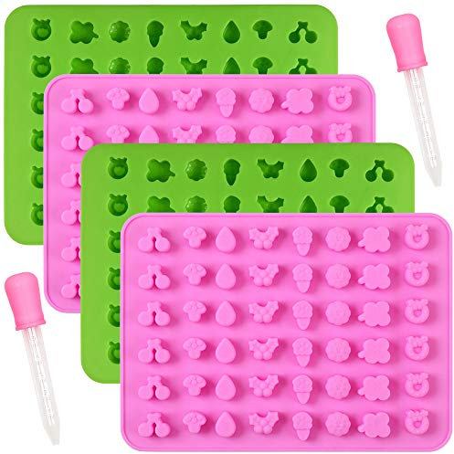 Cozihom - Moldes de silicona para hacer caramelos y chocolates con formas de frutas y plantas, molde para gominolas, silicona de grado alimenticio, 4 unidades con 2 cuentagotas