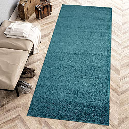 Carpeto Rugs Modern Läufer Flur Teppich Einfarbig Muster - Flauschige Flachflor Teppiche für Wohnzimmer, Schlafzimmer, Kinderzimmer - Kurzflor in Versch. Größen Pastell Farben Türkis 80 x 200 cm