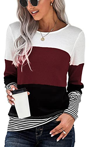 SMENG Oversize Pullover Damen Langarmshirt Sexy Oberteile Rundhals Pullover Lässige T Shirt Streifen Color Block Baseball Shirt Hemden Top Weinrot XL