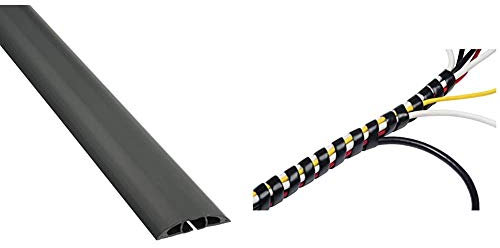 D-Line CC-1 Cable Protector, Floor Cord Channel, Wire Cover, Protect Cables & Prevent Trip Hazards - 1.8 Meter Length, Cavity 17mm (W) x 9mm (H) - Black & Cable Tidy Spiral Wrap, Black