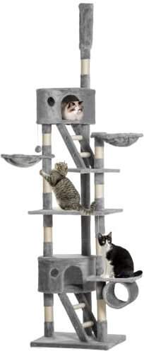 PawHut Kratzbaum Deckenhoch Höhe 240-260 cm für Große Katzen Hellgrau | Katzenbaum, Plüschbälle, Katzenhöhle, Hängematte, Sisalstämme, Plattformen, Mehrstöckiger Katzenkratzbaum, Kletterbaum