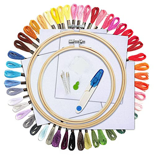 HC Stickerei Starter Set Kreuzstich Tool Kit mit 50 Fadenfarben,4 weiße Stoffbahnen,2 hölzerne,Stickkreis,Sticknadeln und Scheren Stickset Anfänger Home Decor
