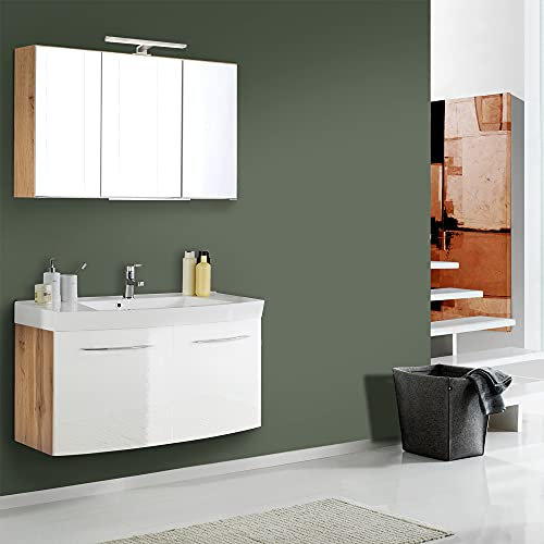Lomadox Badmöbel Waschplatz Set Hochglanz weiß mit Wotaneiche, Waschtisch mit Unterschrank, 100cm Waschbecken, LED-Spiegelschrank B/H/T ca. 100/200/47 cm