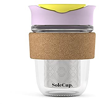 SoleCup. Travel Mug Loose Tea Infuser - Detachable Tea Strainer with Spillproof Lid - BPA-Free Reusable Glass Travel Coffee Cup with Cork Band (Ice-Cream)