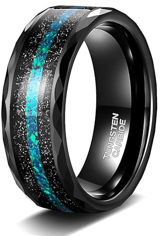 TIGRADE Herren-Eheringe aus Wolfram, 8 mm, facettierter Rand, mit schwarzem Sand und grün-blauem Opal-Inlay, bequeme Passform, Größe 7–13, Opal, Opal