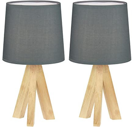 firstchoicelighting Set of 2 Natural Wooden Table Lamps or Bedside Lights, Modern Tripod Design, Grey Fabric Shade, 36cm Height, LED Compatible