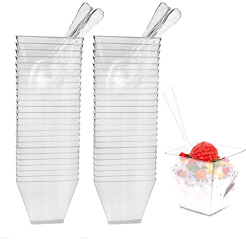Verrine Plastique Aperitif, 50PCS Coupes à Dessert 60ML, Tasses à Dessert avec Cuillères Transparent, Réutilisable