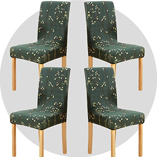 ZHILING Stuhlhussen Bezüge Set von 4 Super Fit Stretch abnehmbare waschbare Esszimmerstuhl Protector Cover Sitzbezug für Hotel, Esszimmer, Zeremonie, Bankett Hochzeitsfeier(Dunkelgrüne Triebe)