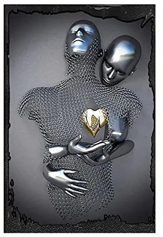 3D Bild Paar love heart 3d effect wall art, Liebe Herz 3D-Effekt Grau-Kunst Wand, Abstrakte Metallfigur Skulptur Wandbilder Wanddeko Wohnzimmer,A,70x100cm No Frame