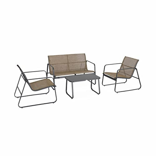 Alice's Garden - Salon de Jardin en métal et textilène pour 4 Personnes. Anthracite et Naturel. Design