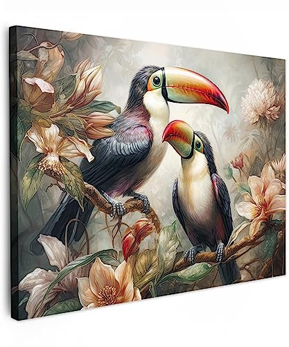 MuchoWow© Bilder 80x60 cm Wohnzimmer Deko Modern Wandbild Foto auf Leinwand Bild Schlafzimmer Room Decor Geschenke Tukan - Vögel - Blumen - Dschungel