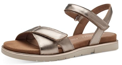MARCO TOZZI Damen Sandalen flach aus Leder mit Klettverschluss, Metallisch (Rose Metallic), 39 EU