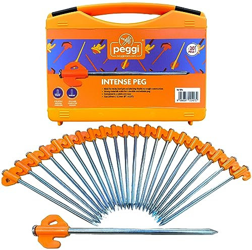 Peggi Tent Pegs Metal Hard Ground Peg - 20 Pack with Case - Strong Camping Pegs For Tents, Awning & Hard Ground Glow Pegs, Mallet & Screw in Tent Pegs Also Available - Dimensions: H203mm x W6.5mm