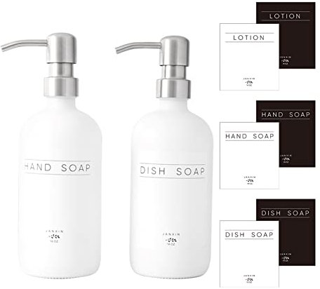 Janxin Seifenspender aus Glas, 2 Stück, Seifenspender für Küchenspüle mit Pumpe, Geschirrseife, Lotion (Weiße Flaschen+Silberne Pumpen)