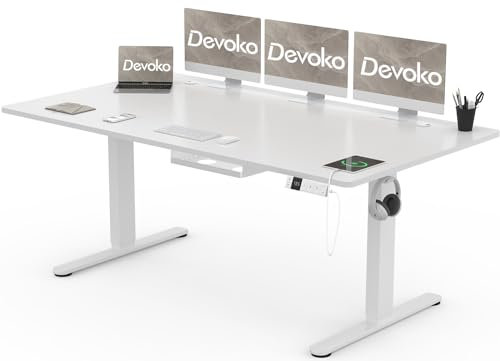 Devoko Escritorio Elevable Eléctrico 180 x 80 cm de Carga USB C, Escritorio Ajustable en Altura con Tablero, 3 Función de Memoria y Anticolisión, Regulable en Altura 72-118cm, Blanco