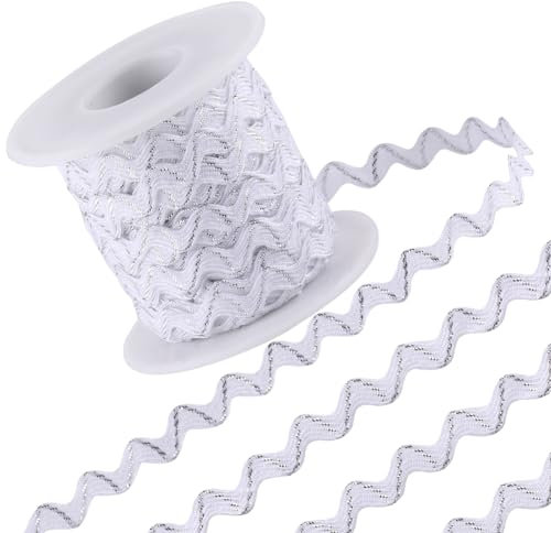 GORGECRAFT 15m Weißer Rick-Rack-Besatz 5mm Wellenbiegung Fransenbesatz Glitzerndes Geflochtenes Band Mit Silbernem Metalldraht Gewellter Rand Spitze Gewebtes Gurtband Fransen Für DIY-Handwerk