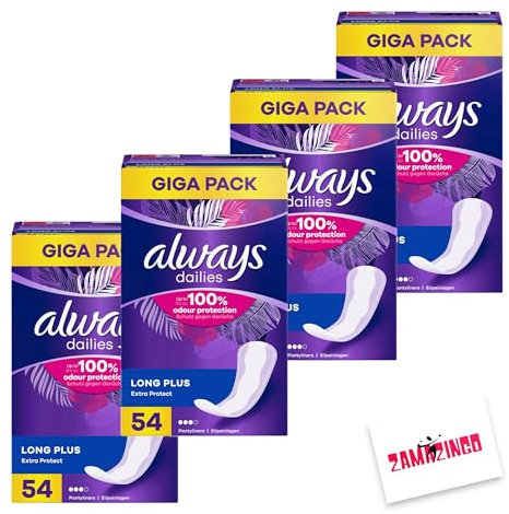 Always dailies | Extra Protect | Long Plus | Slipeinlagen Damen 54er Giga Pack (Long Plus 54er, 4er Pack) + Zama4Zingo Karte