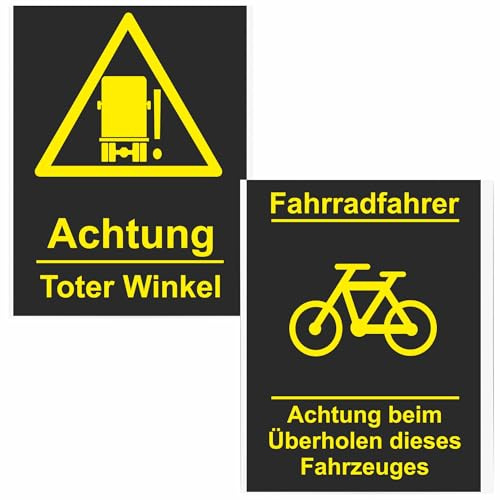 INDIGOS UG 2X Aufkleber Achtung beim Überholen - Toter Winkel - Fahrrad - Sicherheit für Fahrradfahrer beim Überholen - LKW - Bus -Truck - Camper - Autoaufkleber - Set schwarz 20x15 cm -