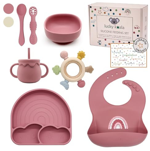 Lucky Koala® Coffret Repas Bébés en Silicone I Assiette et Bol avec Ventouse, Bavoir, Tasse et Cuillères d'apprentissage, Anneau Dentition I Qualité Alimentaire I Sans BPA I Coffret Cadeau