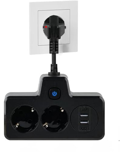 Steckeradapter mit Touch-Nachtlicht, 2-Wege-Steckerverlängerung mit 2 Typ-C+2 USB-Anschlüssen, EU-Steckdosenleisten-Wandsteckerverlängerung für Zuhause, Büro (Schwarz)