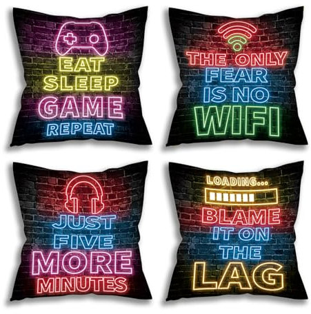 clothmile Set mit 4 Neon-Kissenbezügen, 45,7 x 45,7 cm, für Teenager, Gaming-Kissen, dekorative Kissenbezüge, Spielkontroller, weiche Kissenbezüge für Sofa, Couch, Bett, Heimdekoration