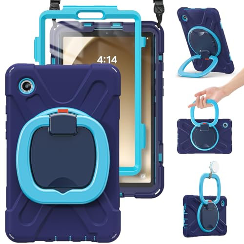 BRAECN Funda Galaxy Tab A9 8,7 Pulgadas 2023, Carcasa Rugosa con Protector de Pantalla, Portalápices, Soporte Giratorio/Correa de Mano, Funda Resistente para Samsung Tab A9