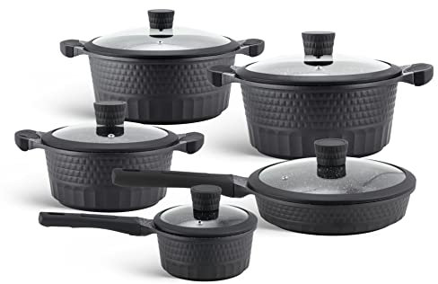 Edenberg 10 TLG Topfset Induktion, 5-teilig, Schwarz, Kochgeschirr-Set, Induktions-Töpfe, Kochtöpfe, Pfanne, für Elektro-, Gas- und Induktionsherd, Backofenfest, Spülmaschinengeeignet