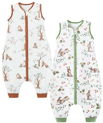 Teechodina Baby Schlafsack mit Füßen 2er Pack 100% Baumwolle 1.5 Tog Kinder Ganzjahres Schlafsack mit Beinenfür Jungen Mädchen, Eichhörnchenwald + Kirschkaninchen/1.5 Tog, 80cm/Baby Höhe 90-100cm